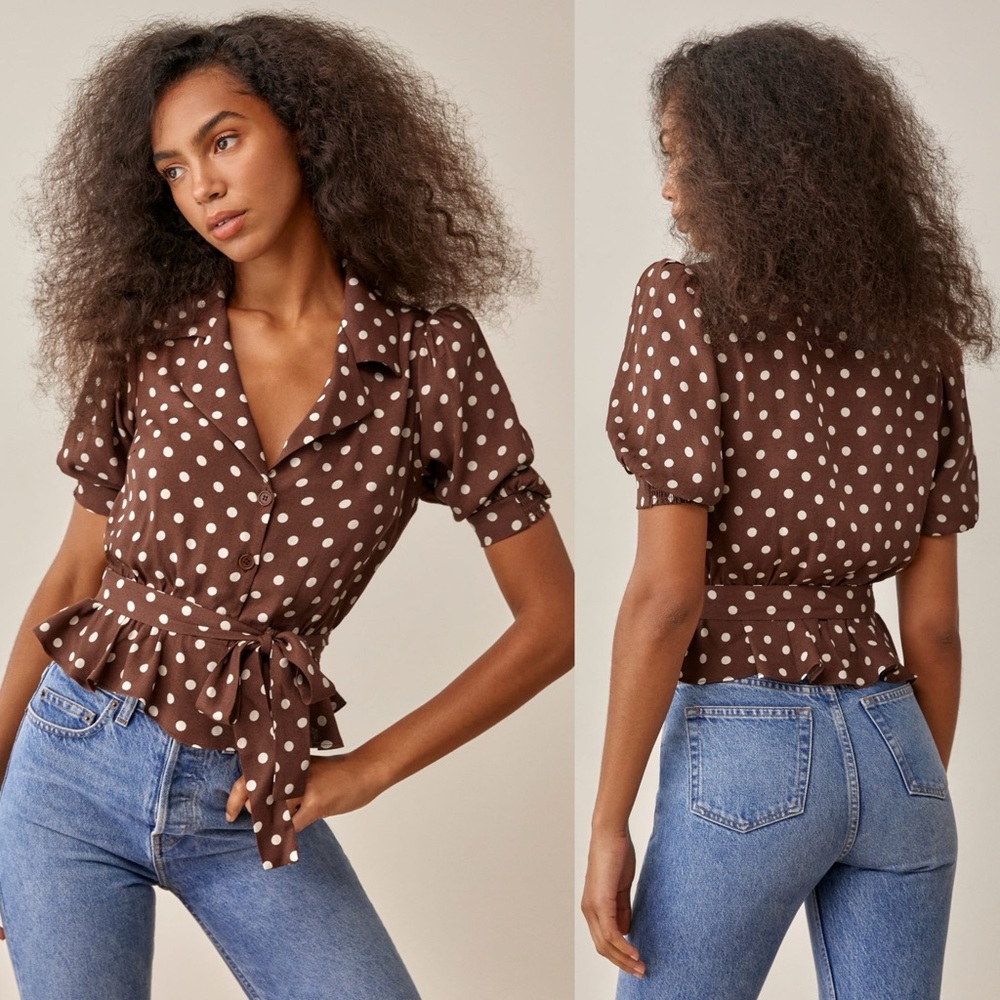 Reformation Elliott Top Brown Polkadot Top Size 12 NWOT